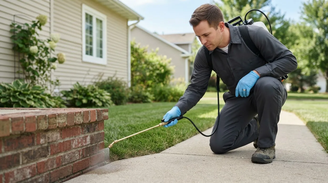 Pest control technician treating a home near Jarrettsville, MD
